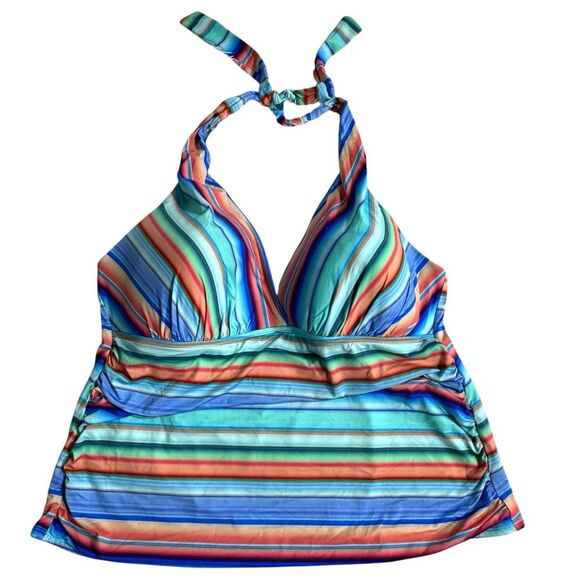 La Blanca Swimwear Sz 22W V-Neck Sunset Striped Multicolor Halter Tankini Top - Picture 2 of 13
